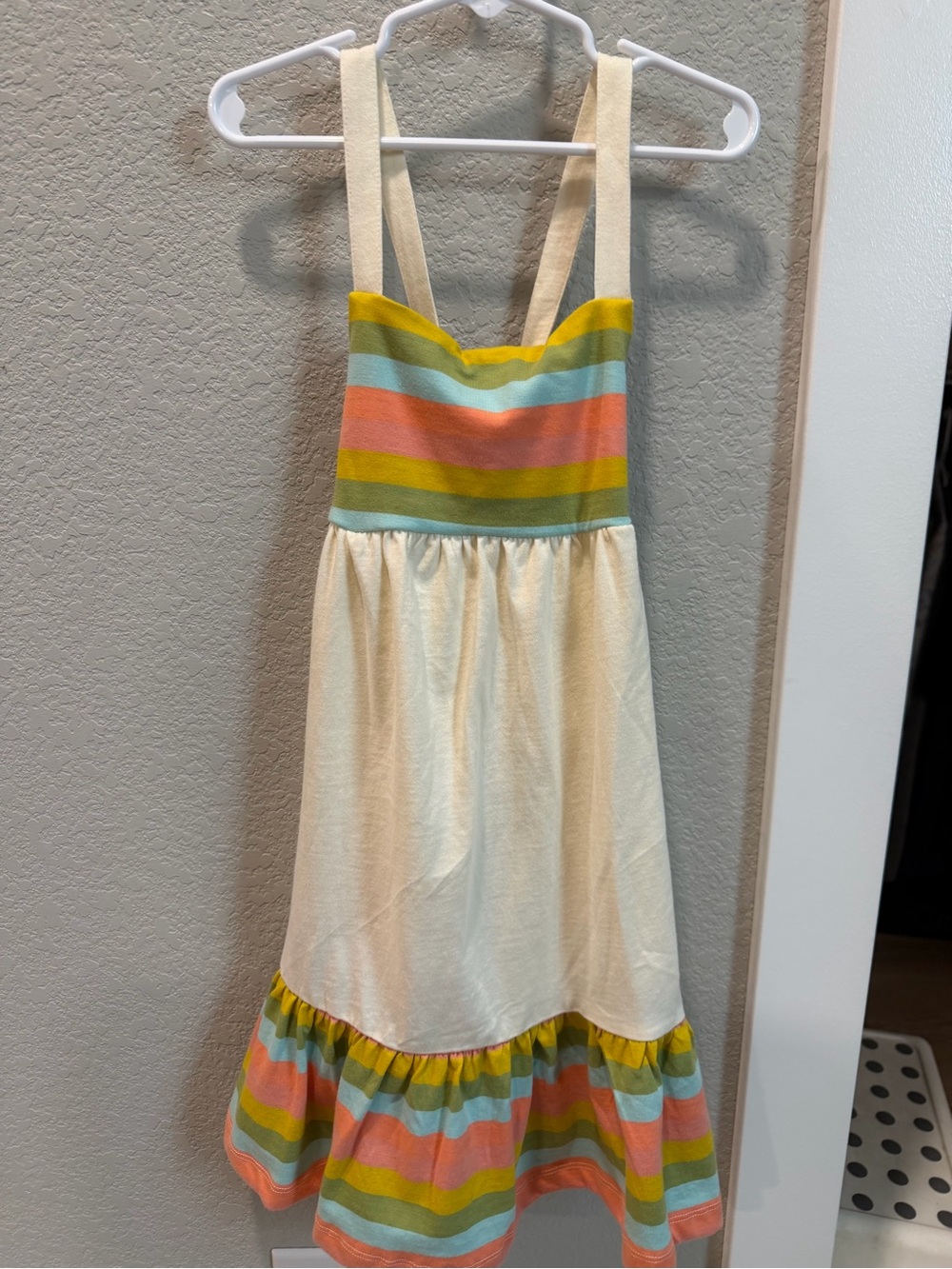 Hanna Andersson Cream Sundress with Pastel Stripe Bodice and Hem